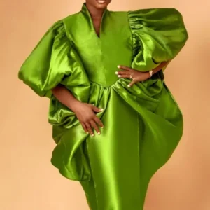 Green Mikado Silk Boubou Dress With Headwrap – Free Shipping